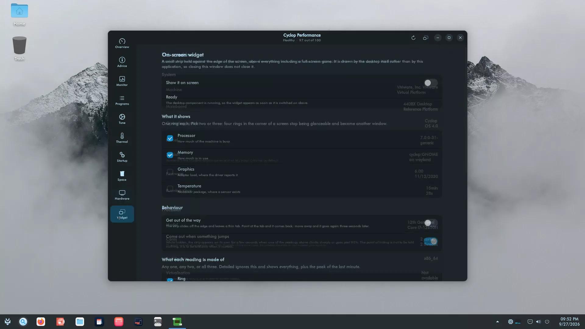 Cyclop OS on a laptop: the Cyclop Performance app sets up its on-screen widget