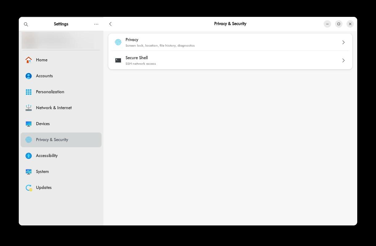 Cyclop OS sur un portable : la page vie privée et sécurité des Réglages, ouverte sur le bureau