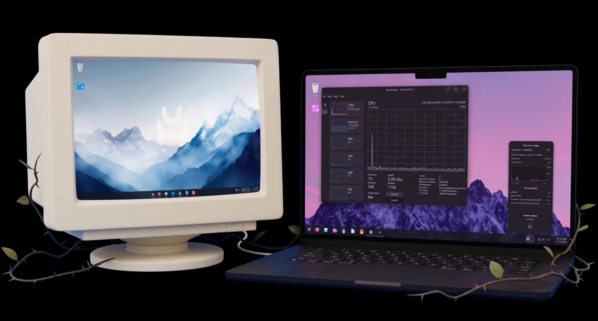 Cyclop OS running on a vintage computer and a modern laptop