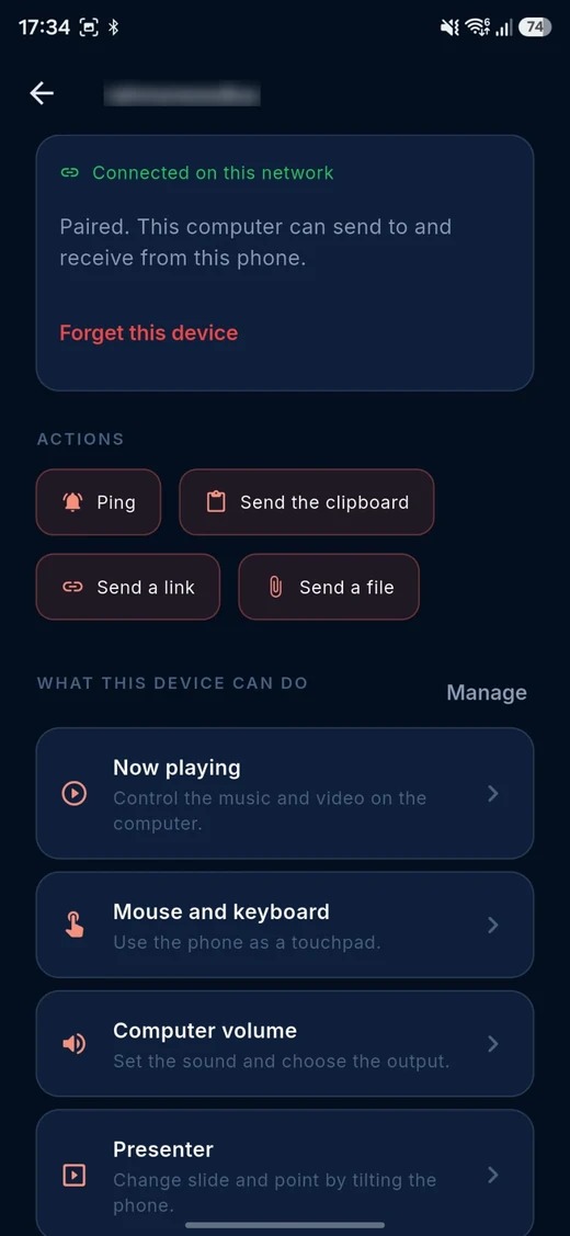 The page of one computer on the phone: Ping, send the clipboard, send a link and send a file, then what the device can do, with now playing, mouse and keyboard, computer volume and presenter.
