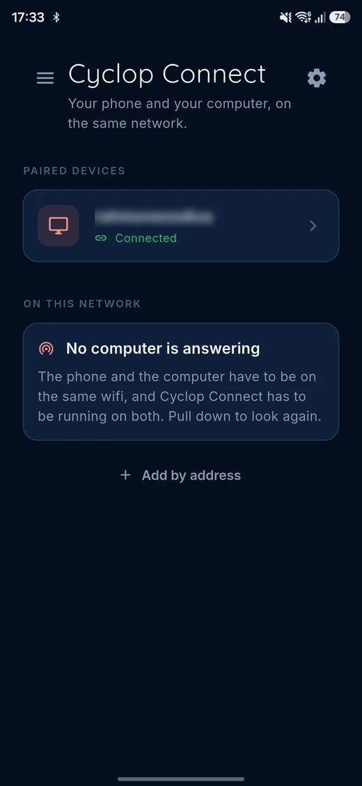 The Cyclop Connect home screen on the phone: the paired computer with a green Connected label, and below it the message saying no other computer is answering on this network.