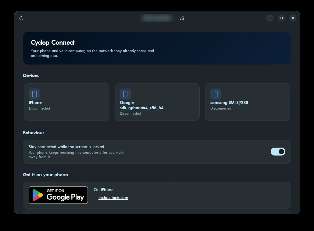 The Cyclop Connect window on the desktop: the paired devices side by side with their connection state, the switch that keeps the link while the screen is locked, and the links to get the phone application.