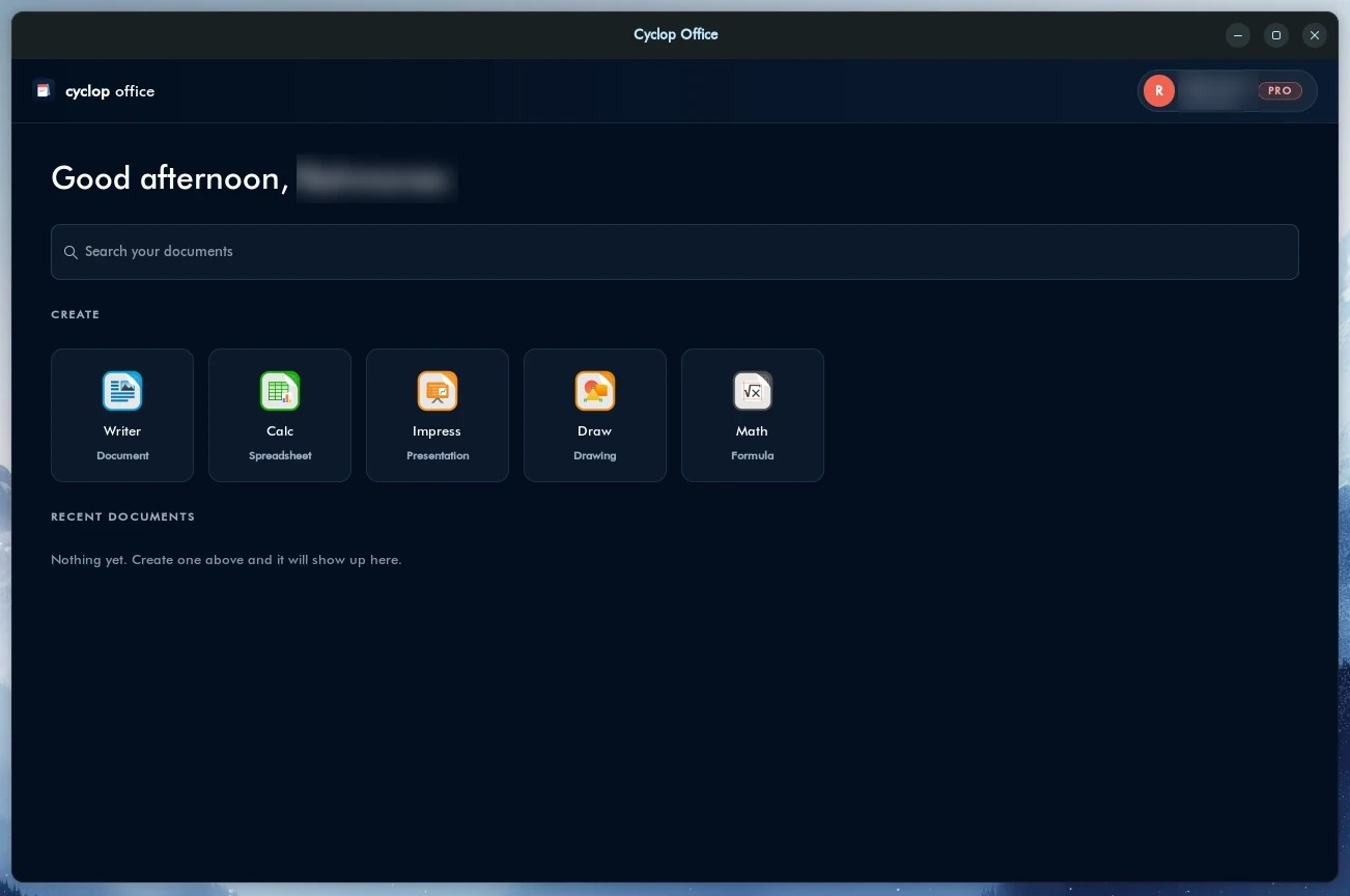 The Cyclop Office home screen: a search box over your documents, then Writer, Calc, Impress, Draw and Math side by side, and the recent documents underneath.