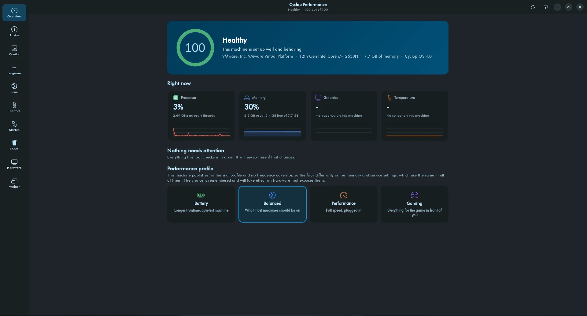 Cyclop Performance on its first screen: a score of 100, the processor, memory, graphics and temperature side by side, and the four profiles underneath.