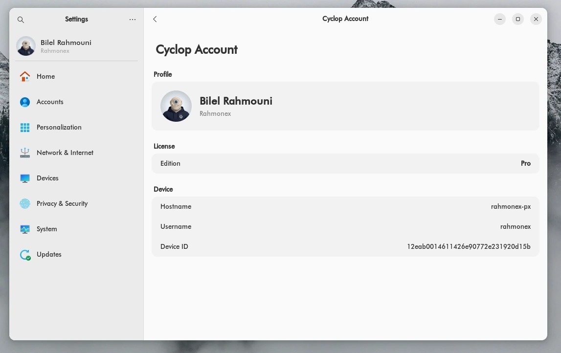 The Cyclop Account panel in Settings, with the edition in force