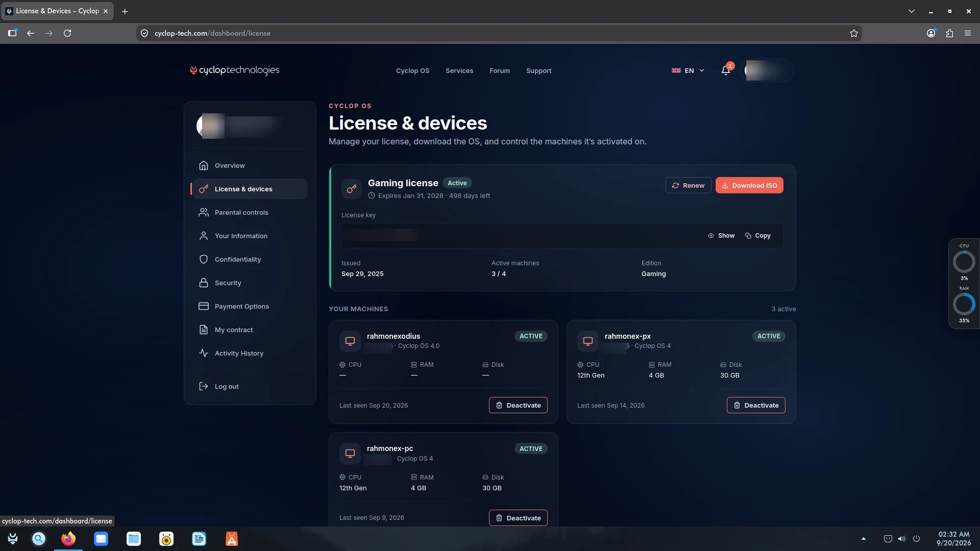 La page Licence et appareils du compte : la licence avec son édition et le nombre de postes utilisés, puis chaque machine sur sa carte avec la date où elle a été vue pour la dernière fois et un bouton Désactiver.