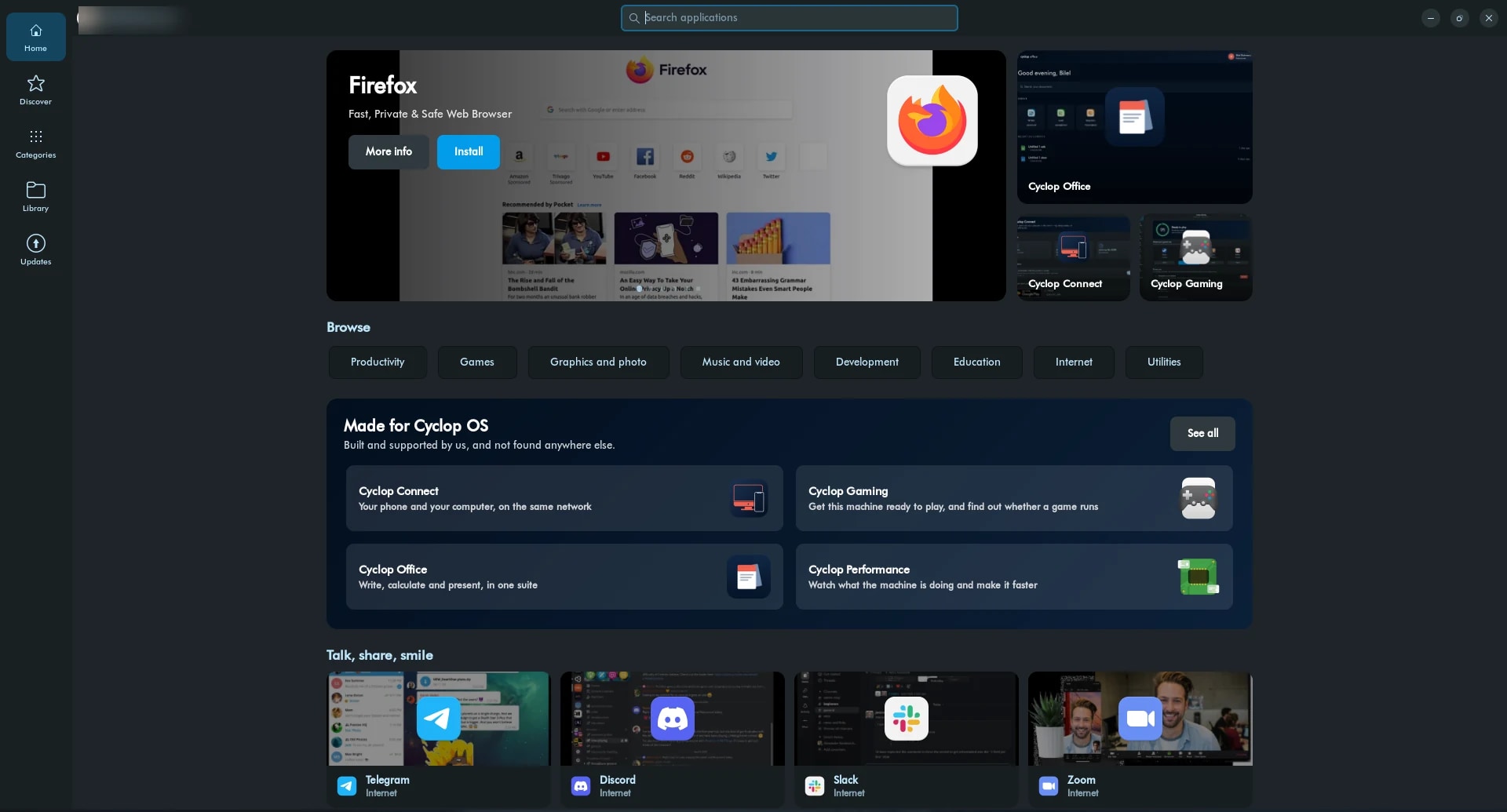 Cyclop Store sur son premier écran : une application mise en avant, les catégories, et une rangée d'applications faites pour Cyclop OS.