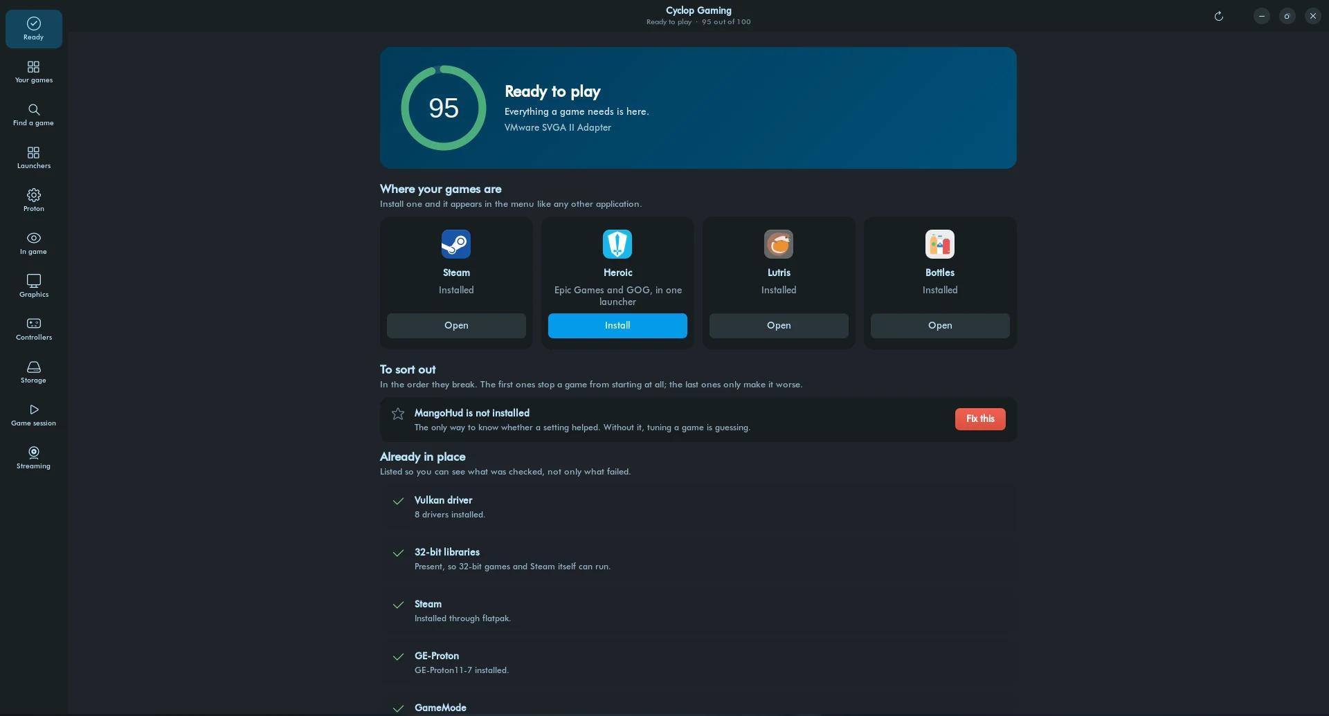 Cyclop Gaming: a readiness score, the launchers it found, what is missing, and what is already in place.