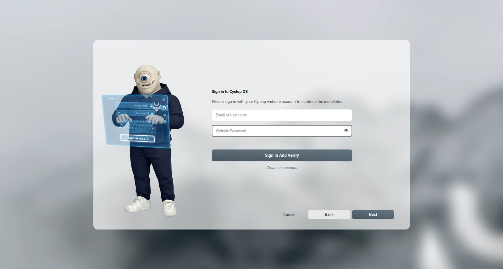Signing in to the Cyclop account during the installation