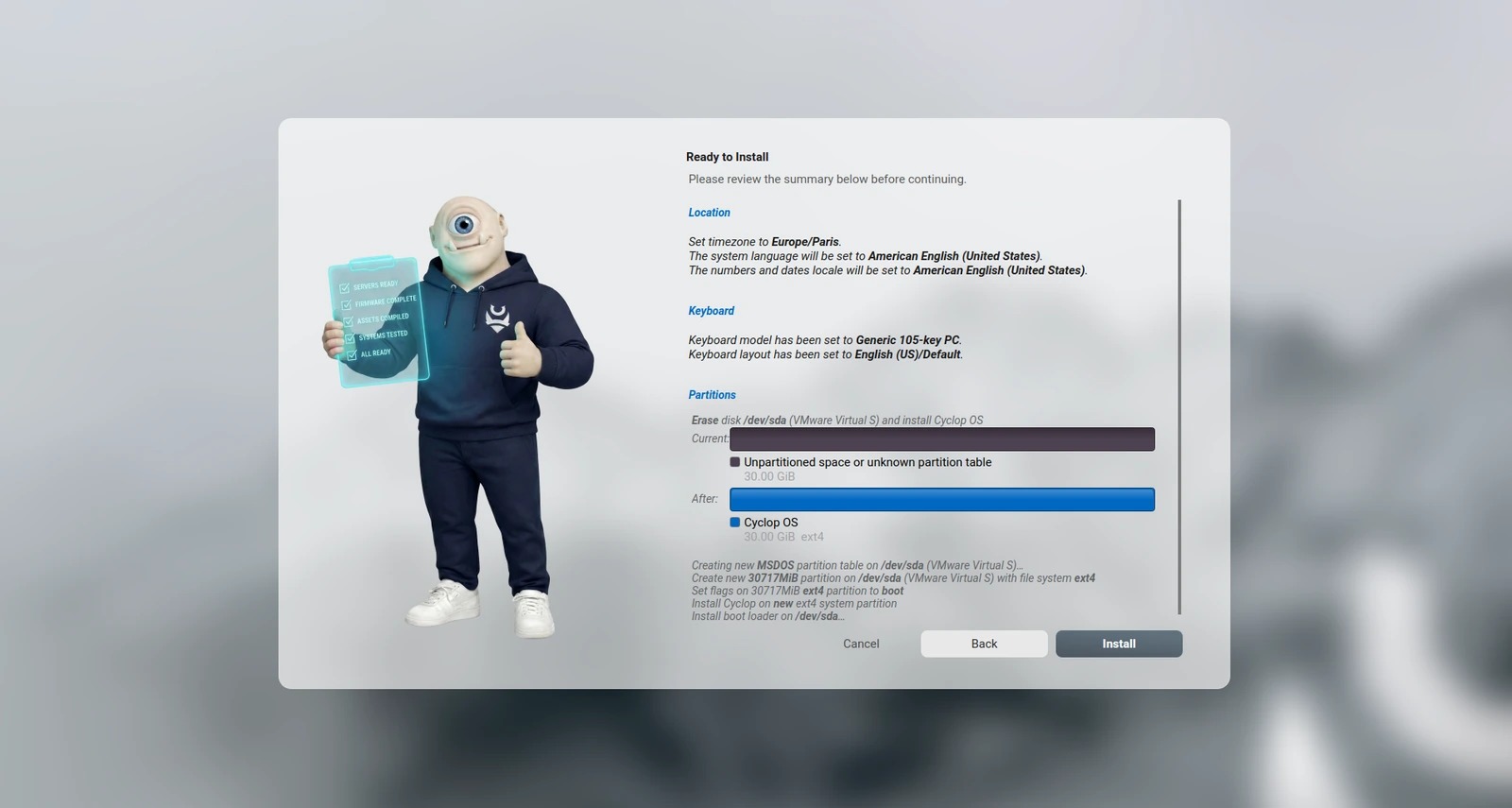 Récapitulatif listant chaque opération avant l'installation