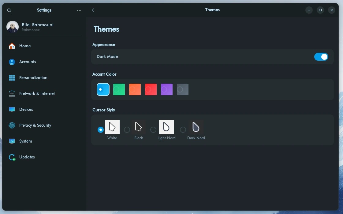 Thèmes : mode sombre, couleur d'accent, style de curseur