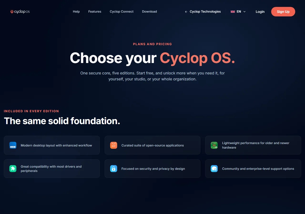 The download page on cyclop-tech.com: the five editions, and what every one of them includes.