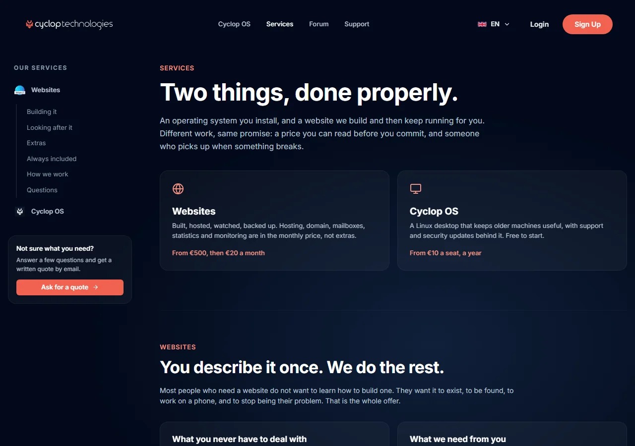The services page: websites on one side, Cyclop OS on the other, each with its starting price and what it covers.