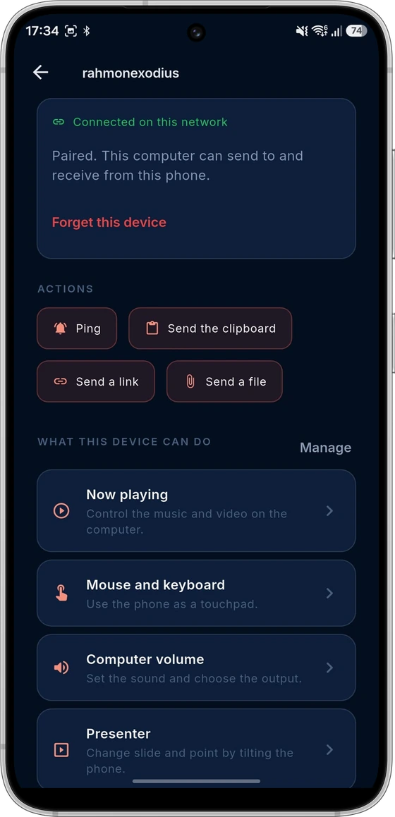 The Cyclop Connect app on an Android phone, paired with the PC