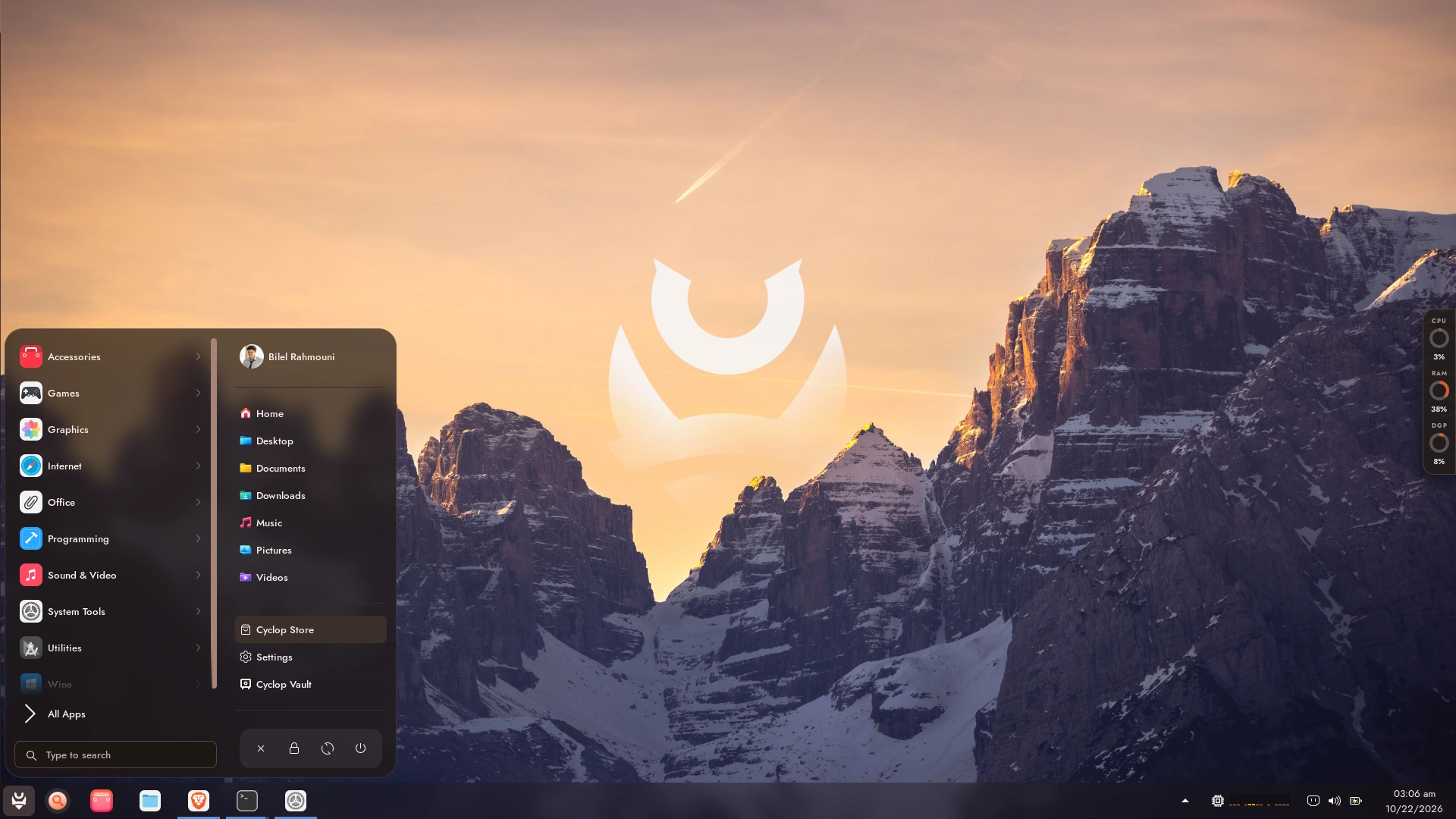 Cyclop OS desktop with the start menu open