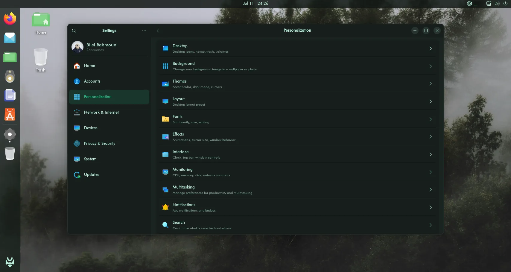 Cyclop OS personalization settings in dark mode